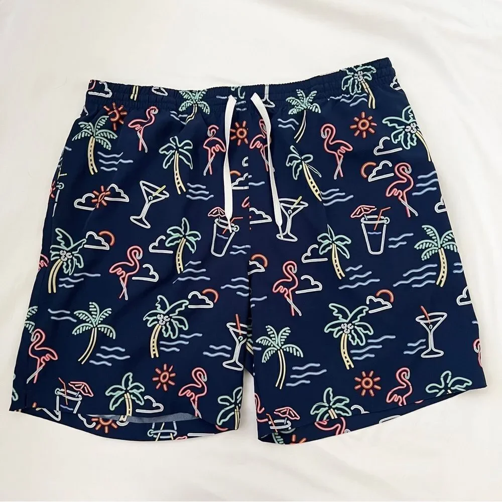 chubbies 7” Inseam swim trunks Men Size XXL Blue Tropical Flamingos Palm trees
